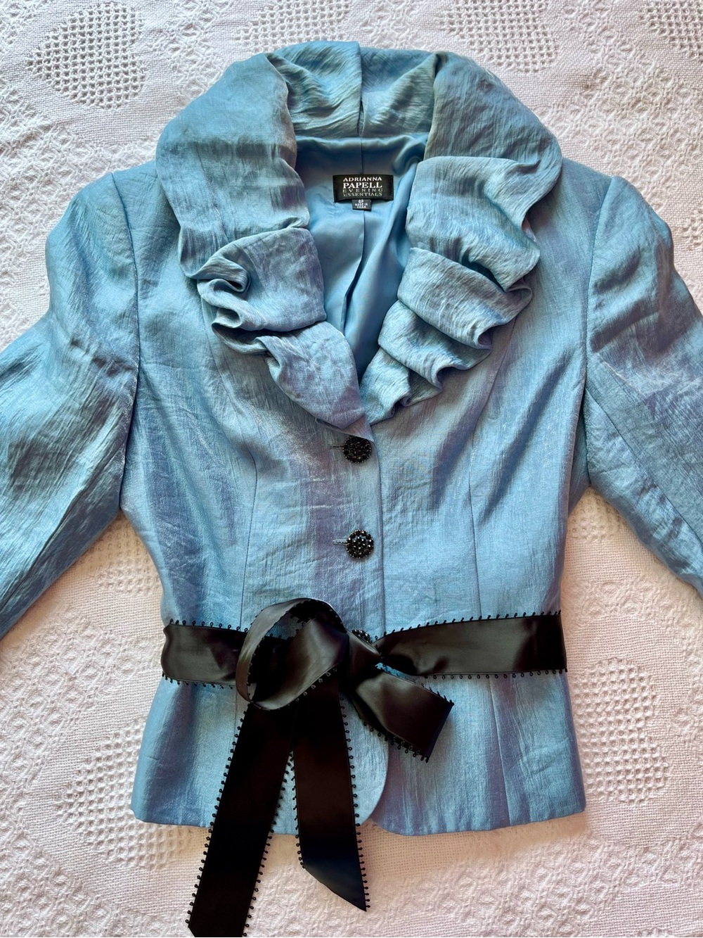 Adrianna Papell Light Blue Ruffle Collar Blazer with Black Satin Ribbon Belt